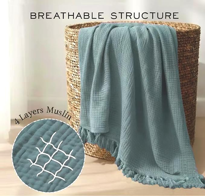KyraHome 100% Cotton Throw Blankets for Couch, 60"x80" Pre-Washed Plant-Dyed Breathable Lightweight Gauze Soft Muslin Summer Throw Blankets, All Season (Slate Blue)
