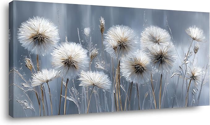 Ggaafet White Dandelion Wall Art for Bedroom Canvas Oil Painting Prints Beautiful Dream Flower Floral Blooming Art Deco Modern Artwork Office Family Dining Room Decor