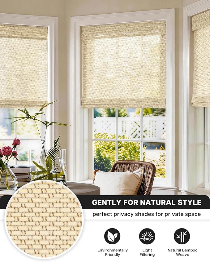 LazBlinds No Drill Cordless Bamboo Roman Shades, Light Filtering Blinds for Indoor Windows, Roll Up Bamboo Blinds for Home, 35.5" W x 48" H, Star-Beige