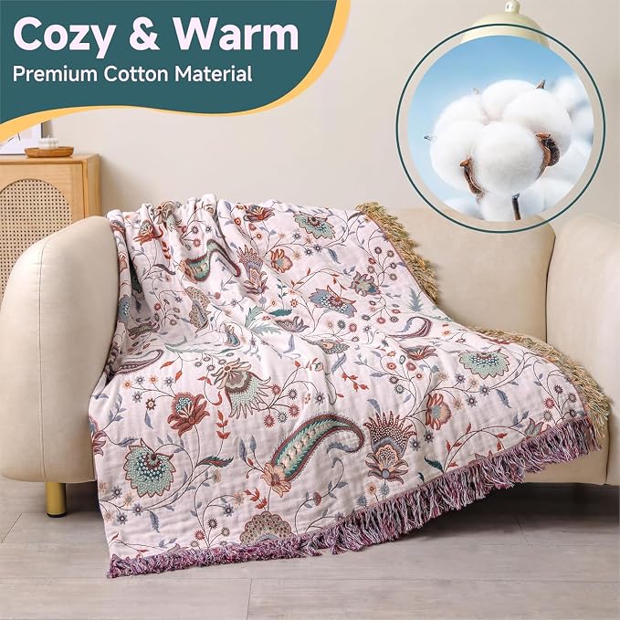 STASOPTK100% Cotton Boho Throw Blanket Soft Lightweight Twin Blanket 60"x80", Floral Reversible All-Season Bed Blanket, Breathable Summer Blanket for Couch Chair, White