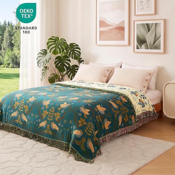 MSGKV Boho Throw Blanket 50"x60" Cotton Blanket for Couch and Sofa Cover for Living Room Summer Throw Decorative Woven Bird Blankets