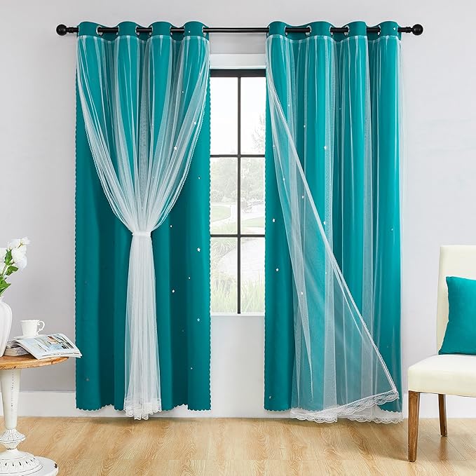XiDi Black Out Curtains for Bedroom Windows, Girls Room Decor, Unicorn Theme for Kids, Living Room - 84 Inches Long, 2 Panel, Teal