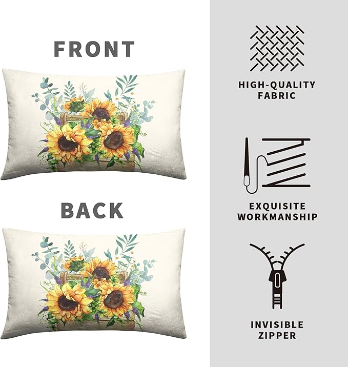 Sunflower Lumbar Pillow Covers Set of 2 Spring Summer Floral Rectangle Throw Pillow Covers 12x20 Flower Decorative Waist Pillowcase for Farmhouse Couch Outdoor