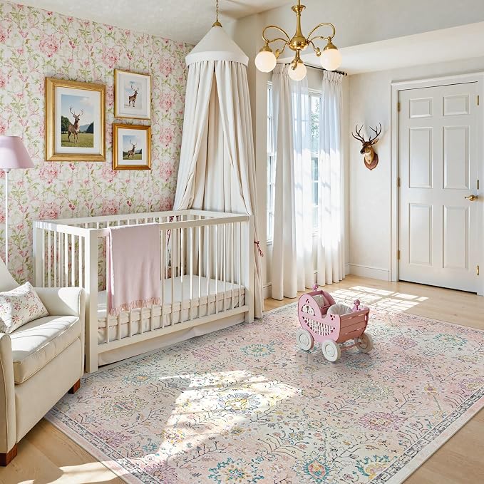 Lahome Girls Bedroom Pink Rug 6x9, Soft Washable Floral Area Rug, Non Slip Light Pink Carpet for Dorm Room, Playroom, Kids Room, Nursery and Classroom Decor
