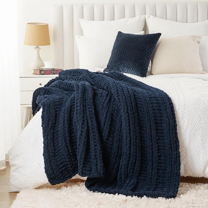 Battilo Chunky Knit Throw Blanket for Couch, 50"x60", Navy Blue | Hand Knit, Gift Blanket, Cozy Warm Thick Soft Chenille Throw Blanket for Bed, Sofa, Chair, Living Room