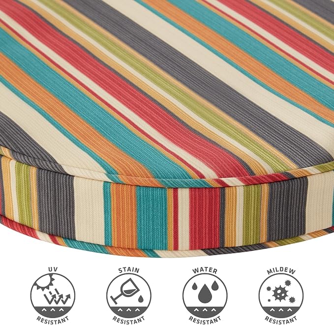 Set of 2 Outdoor 18 inch Round Patio Dining Chair Pads – Comfortable Fiber-Filled Seat Cushions with Ties, Reversible Polyester Fabric, Sunset Stripe