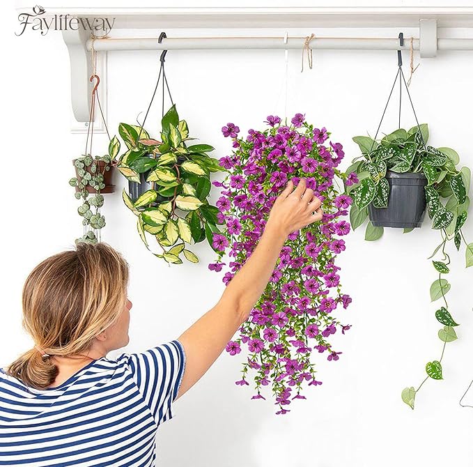 Artificial Hanging Flowers for Outdoors Spring Summer Decoration, 4PCS UV Resistant Silk Fake Hanging Plants for Patio Porch Front Yard Window Garden Indoor Decor(Purple,4PCS)