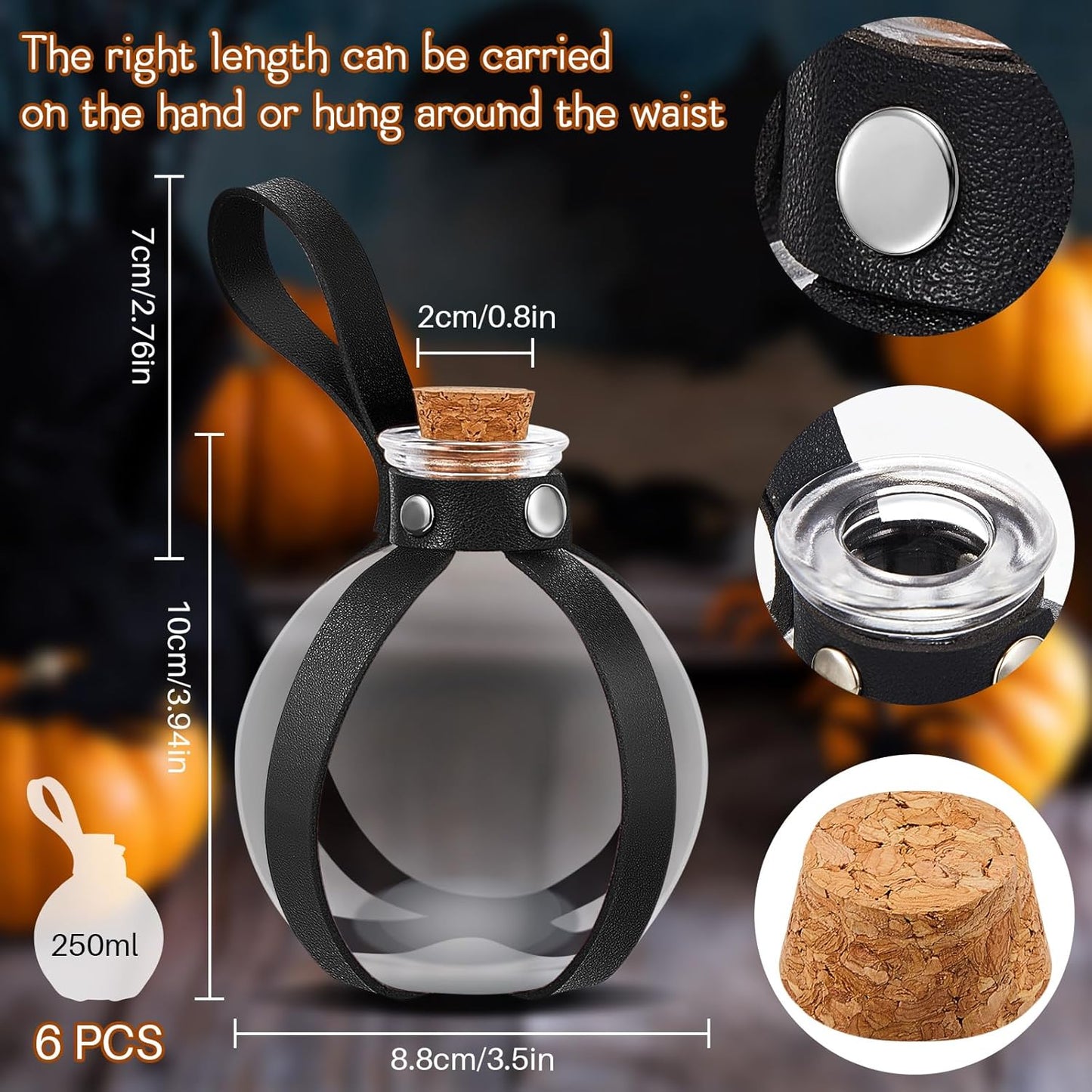 Patelai 6 Pcs Halloween Glass Potion Bottles with Belt Cork Renaissance Witch Costume Accessories Witch Props Potion Bottle for Halloween Party Decor Cosplay DIY Crafts Gift (Black)