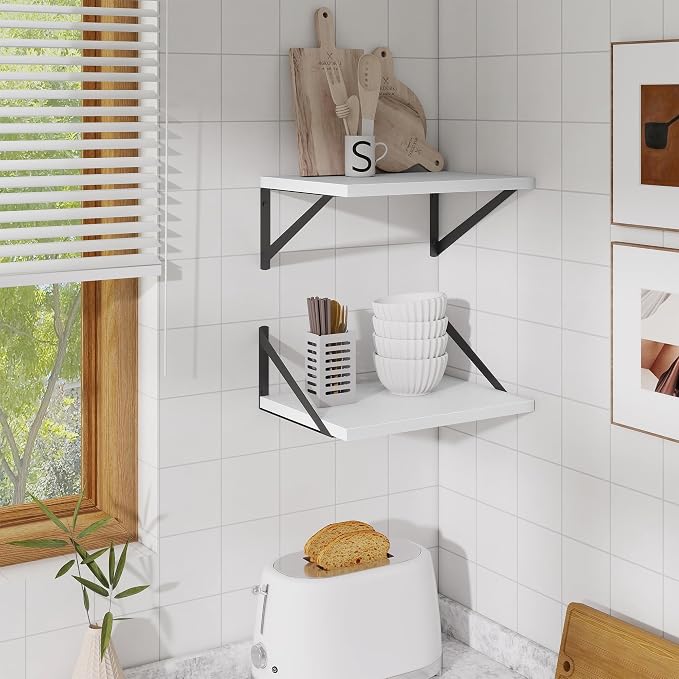 Acovy Deep Floating Shelves,16" Wx10 D Floating Shelves for Wall Set of 2,Heavy Duty Wood Floating Shelf with Metal Bracket,Wall Mounted Hanging Shelf for Living Room Bedroom Bathroom Kitchen,White