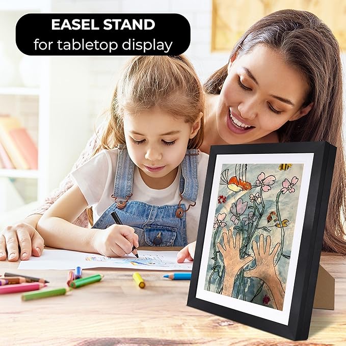 2-Pack Kids Artwork Frames Changeable 10x12.5 with Easel Stands, Hangers, Backboards, Shatterproof Plexiglass | 2 Mats Fit 9x12, 8.5x11, A4 Paper Sizes | Large and Easy-Access Kids Art Frame Display and Storage for up to 100 Sheets (White)