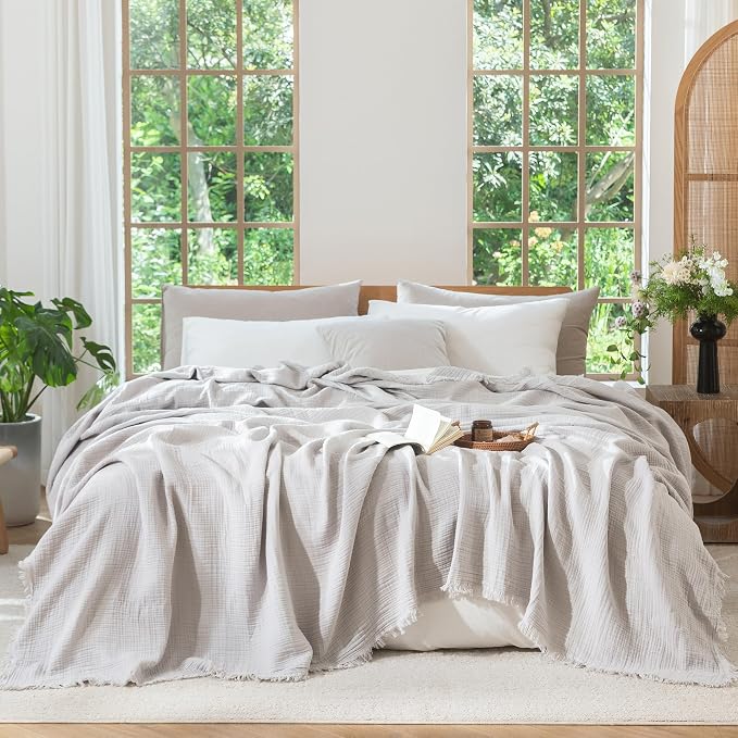 MooMee Muslin Blanket - 100% Cotton 4-Layer Gauze Throw Blanket with All-Around Fringe, Soft Breathable Lightweight Cooling Summer Blankets for Bed Couch (Light Grey,King 104" x 90")