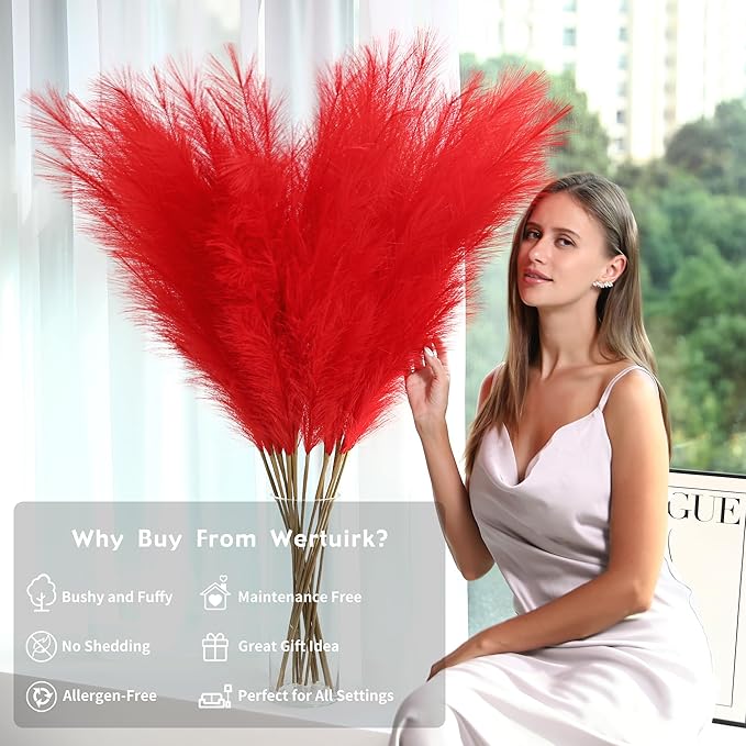 Wertuirk Red Pampas Grass Decor - 45-Inch Set of 8 | Artificial Large Pampas Grass Soft and Fluffy | Long Faux Flower | Perfect for Wedding Centerpieces, Farmhouse, Living Room Decor