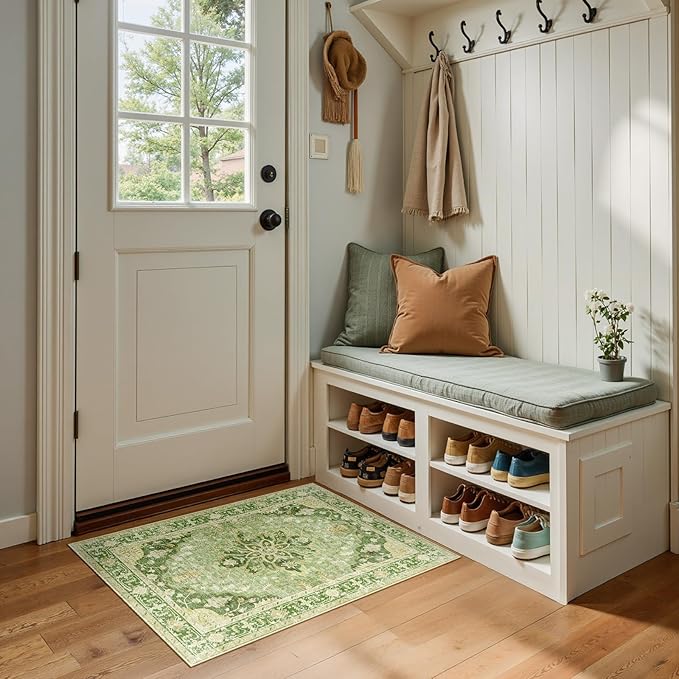 RELEANY Area Rugs 2'x3' Kitchen Rugs Entry Rug Small Rugs for Entryway Kitchen Bathroom Door Mat Indoor Entrance,Washable Non Slip, Sage Green Yellow