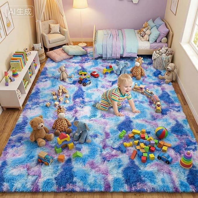 AROGAN 8x10 Feet Soft Runner Rugs for Bedroom Plush Fluffy Rug, Shag Furry Area Rug Carpet Non Shedding for Nursery Children Kids Girls Room Home Hallways Decorative, Blue and Purple