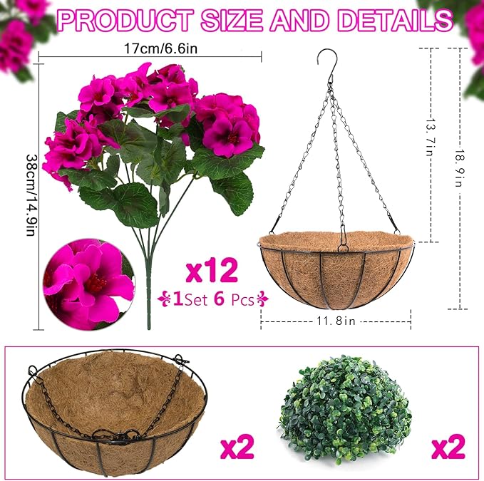 Hananona 2 Set Artificial Outdoor Geraniums Flowers with Hanging Basket, 2 Hanging Planters with 12 Pcs Red Geranium Flowers for Spring Summer Front Porch Garden Patio Home Decor (2, Rose Red)
