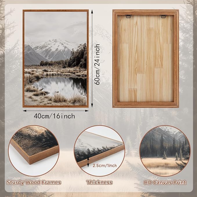 LHIUEM Snowy Mountain Framed Canvas Wall Art,Modern Winter Wall Decor,Neutral Pine Tree Painting,Misty Forest Landscape Artwork for Living Room,Bedroom,Dining Room -16"x24"x3