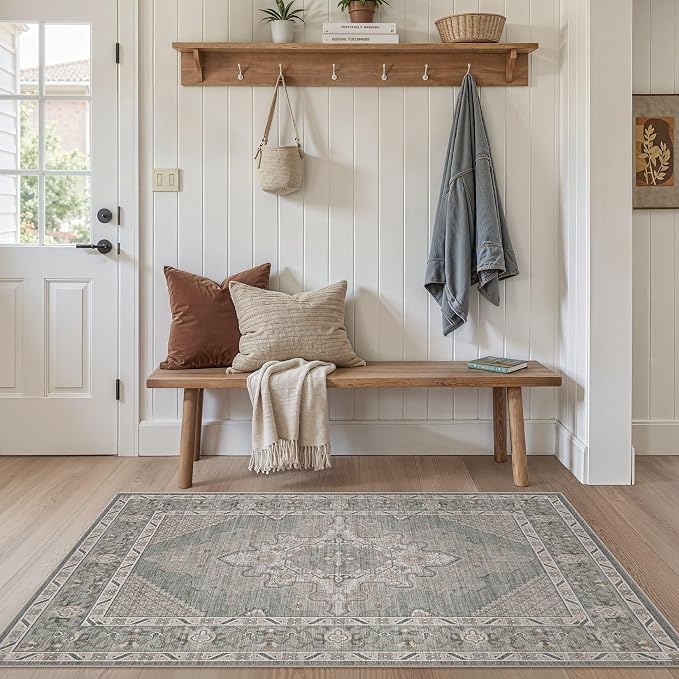 Tortania Area Rug Living Room Rugs - 3x5 Washable Rug Vintage Oriental Distressed Farmhouse Small Thin Indoor Carpet for Living Room Bedroom Under Dining Table Home Office - Green Gray