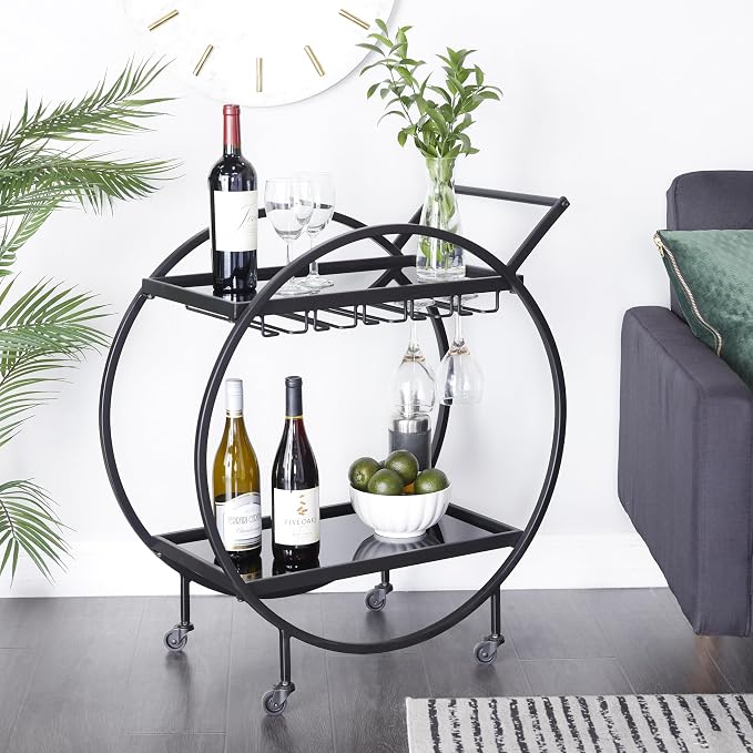 Deco 79 Metal Rolling 2 Mirrored Shelves Bar Cart with Wine Glass Storage and Handle, 28" x 14" x 31", Black