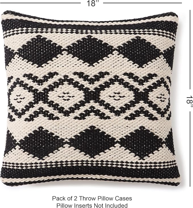 REDEARTH Handmade Boho Throw Pillow Covers - Bohemian Chic Farmhouse Style - Accent Woven Indoor and Outdoor Pillow Cushion Cases for Couch - Bed - Chair - Sofa - Benches – Set of 2-18"x18" - Black