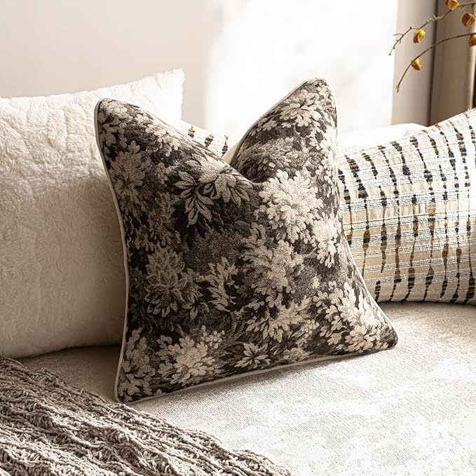 DEZENE Pack of 2 Vintage Floral Euro Sham Covers 24x24 Boho Farmhouse Accents Chenille Square Decorative Throw Pillow Cases for Living Room Couch Bed Home Decor, Grey
