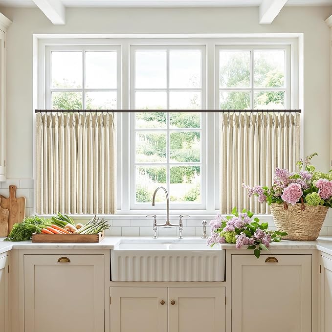 Cream Beige Linen Pleated Curtains 30 Inch Long 2 Panels Farmhouse Light Filtering Semi Sheer Short Cafe Basement Curtains Pinch Pleat Semi Sheer Small Kitchen Drapes for Camper RV Laundry Bathroom
