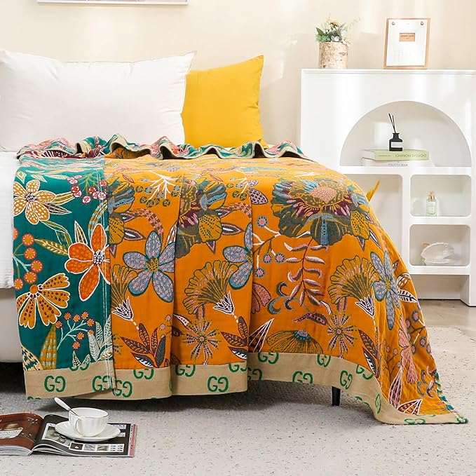 100% Cotton Boho Throw Blanket,4-Layer Gauze Woven Breathable Soft Muslin Blanket with Vintage Floral Design & Yellow/Green,Lightwight Breathable Decor Blanket, Perfect as Bed Sofa Quilt 60" x 80"