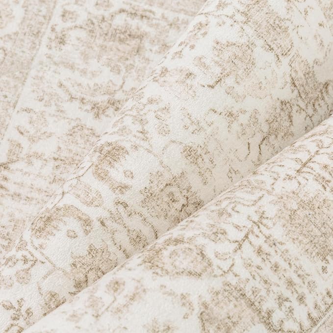 PureCozy Beige Area Rug 6x9 Machine Washable Vintage Living Room Distressed Non Slip Carpet Traditional Indoor Bedroom Retro Floral Accent Throw Large Rug for Office Kitchen Dining Room