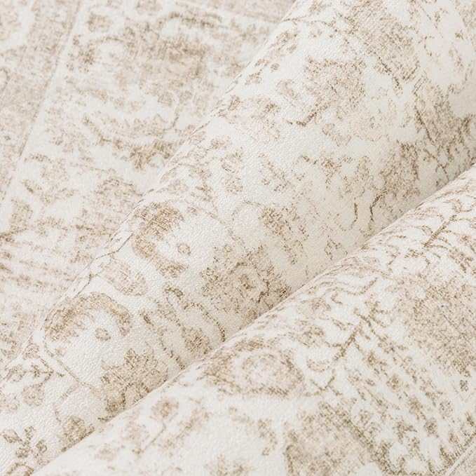 PureCozy Beige Area Rug 9x12 Machine Washable Large Vintage Living Room Distressed Non Slip Carpet Traditional Indoor Bedroom Retro Floral Accent Throw Rug for Office Kitchen Dining Room