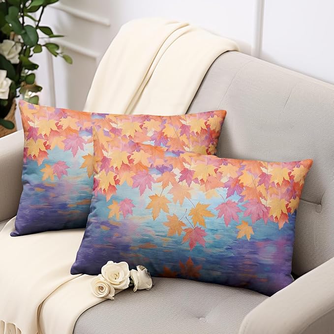 Fall Lumbar Pillow Covers Maple Leaves Thorw Pillow Covers 12x20 Set of 2 Autumn Maple Leaf Teal Double Sided Printing Rectangular Pillowcase for Home Decor Couch Sofa