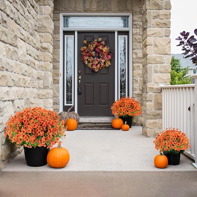MERIXMAS 24 Bundles Fall Flowers Artificial for Halloween Decoration Outdoors, Fake Plants Autumn, Mums Daisy Eucalyptus Realistic UV Resistant for Garden Patio Porch Home Decor, Orange