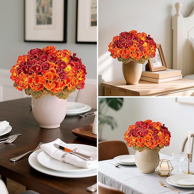 Ammyoo Fake Fall Flowers Artificial for Outdoors Decoration, 6 Bundles Faux Geranium Silk Flower Outside UV Resistant No Fade Artificial Floral for Home Garden Balcony Indoor Table Centerpieces Decor