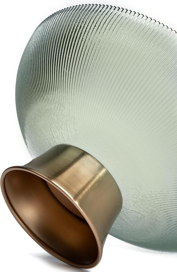 Round Glass Decorative Bowl (Green), 9.8 Inches Handblown Striped Design Glass Bowl with Rust Resistant Metal Base,Decor Fruit Bowl for Home Decor,Table Centerpiece,Kitchen Island and Dining Decor