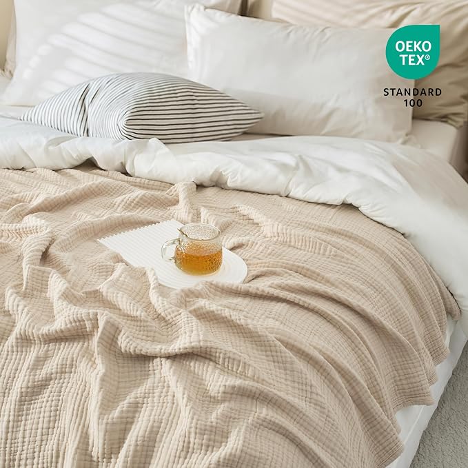 Carriediosa 100% Cotton Muslin Throw Blanket 108" X 90" King Size，4-Layers Summer Gauze Throws for Bed Couch，Soft Lightweight Breathable Linen Blankets Bedspread for Adults All Season，Khaki