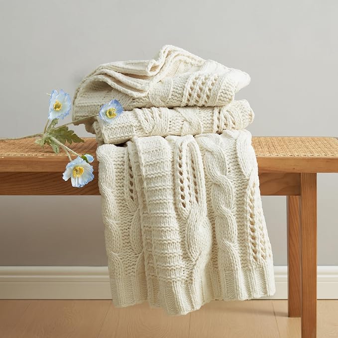 Amélie Home Chunky Knit Throw Blanket, Dual-Sided Soft Chenille Breathable Cable Knitted Blanket for Couch, Farmhouse Decorative Throw for Sofa & Chair, 60"x80", Ivory
