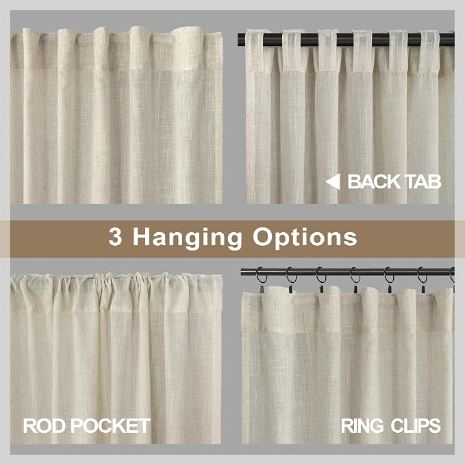Beige Linen Curtains 45 Inch Length for Bedroom 2 Panels Back Tab Rod Pocket Primitive Burlap Canvas Look Lightweight Gourmet Non See Through Semi Sheer Short Bathroom Curtains for Small Windows Tan