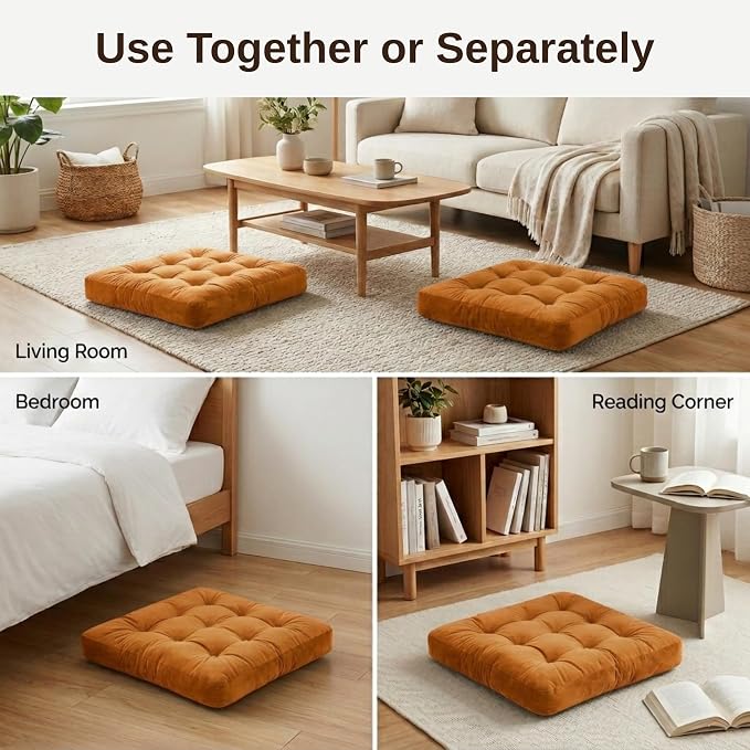 Floor Pillows for Adults Set of 2, Soft Velvet Floor Cushions for Sitting, Square Tufted Floor Pillow Set for Reading Nook, Living Room, Bedroom, 22 x 22 Inch, Orange