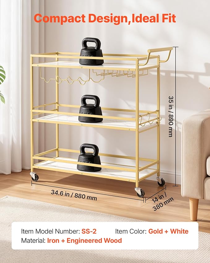 VEVOR Bar Cart, 3 Tiers Home Kitchen Serving Carts, Modern Rolling Utility Station on Wheels, Mobile Drink Beverage Trolley with Wooden Shelf, Wine Rack, and Glass Holder, 35.83x12.99x36.81 in, Gold