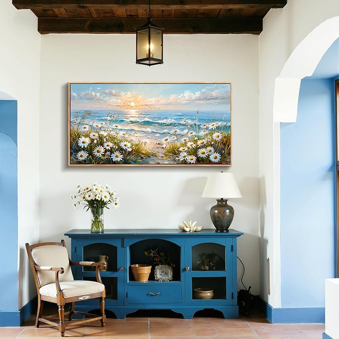imjiayu Coastal Wall Art, Large Framed Wall Art, Beach Wall Decor, Rustic Sunset Landscape Picture Prints, Seaside Wildflowers Paintings Wall Decor Living Room Bedroom Beachy House Decorations 24"x48"