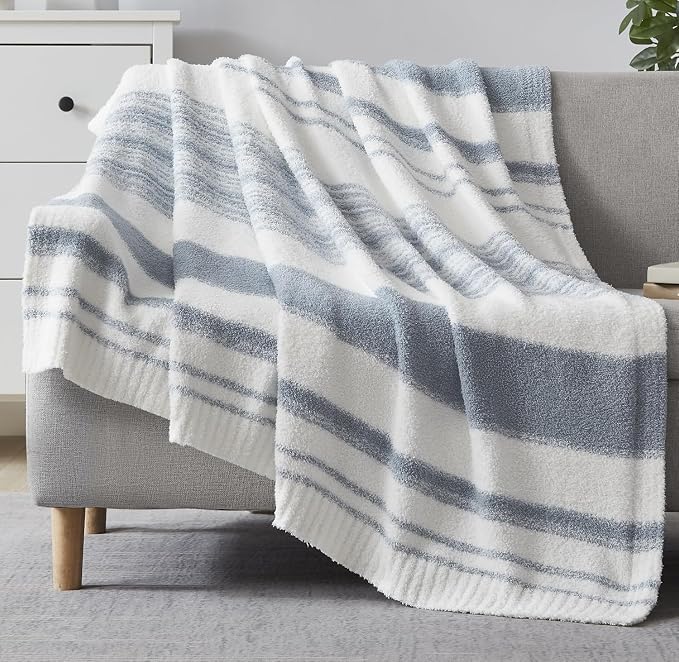 WRENSONGE Soft Twin Blanket for Bed-Cozy Warm Reversible Knitted Blankets | Lightweight Fluffy Decor for Women, Mom, Her & Girls, Sofa, Chair, Couch, 60x80in, Grey Blue Stripe
