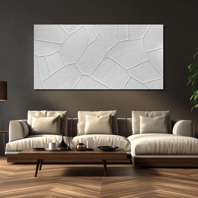 DNIEOTU Abstract Textured Canvas Wall Art for Living Room, White Wall-Decor for Bedroom, Modern Minimalist Geometric Paintings for Hallway Office, Size 72 x 36 Inches Hand Painted