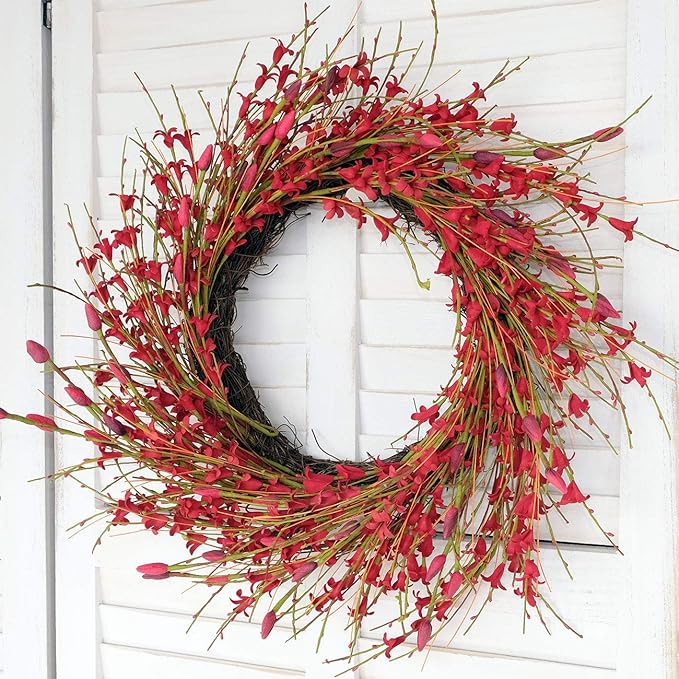 Bibelot 18inch Artificial Forsythia Flower Wreath, All Year Around Wreath for Front Door, Wedding Window Home Wall Indoor Front Door Decor (red, 18in)