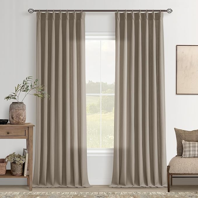 112 Inch Long Curtains Pinch Pleated Dark Flax Curtains for Living Room 2 Panels Extra Long Thick Linen Textured Light Filtering Semi Sheer Pinch Pleat Window Curtain Drapes for Bedroom Dining Room