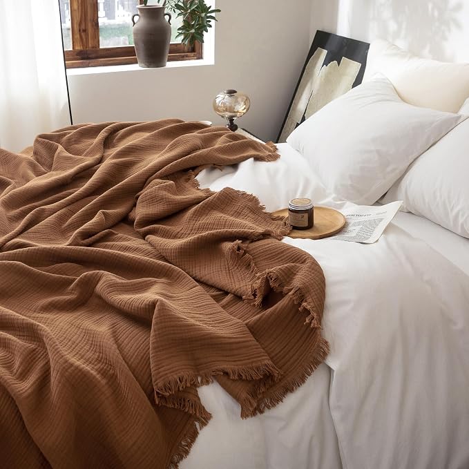 FOSSA Muslin Blanket 4-Layer 100% Cotton Gauze Blanket with Fringe 108"x98" | Super Soft Breathable Lightweight All Season & Decorative Blanket or Bed, Sofa, Office (Dark Orange,Super King)