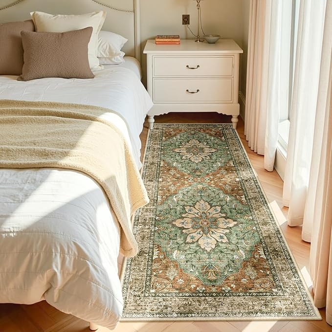 RELEANY Area Rugs 3'x6' Runner Rug Non Slip Washable for Kitchen Hallway Bedroom Beside Laundry Room Bathroom Rug, Floor Carpet, Brick Red Rust Neutral Brown Burnt Orange Green
