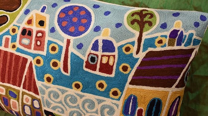 Blue Plant Pattern Throw Pillow Cover | Karla Gerard Artwork Pillows | Floral Couch Cushion | Kids Room Pillowcase | Plant Sofa Pillows | Hand Embroidered Cushions Wool Size - 14x24