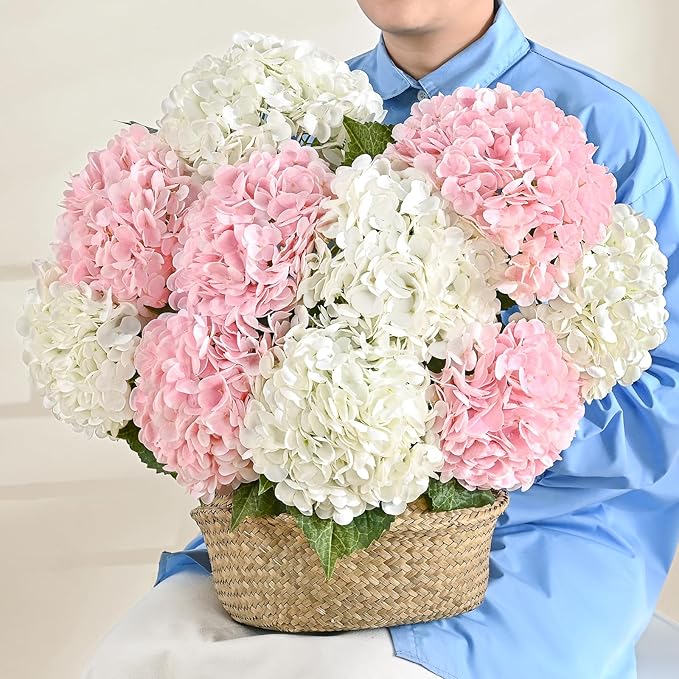 MARTINE MALL 3Pcs 21in Hydrangea Artificial Flowers, Latex Real Touch Hydrangeas Lifelike Large Hydrangea Flowers for Home Decor Party Arrangements Wedding Bouquets Centerpieces (Light Pink)