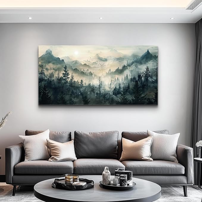KELIYUAN Mountain View Canvas Wall Painting For Living Room Natural Landscape Painting Misty Forest Wall Decoration For Bedroom Home Decoration Modern Printed Artwork Can Be Hung Directly 20x40 In