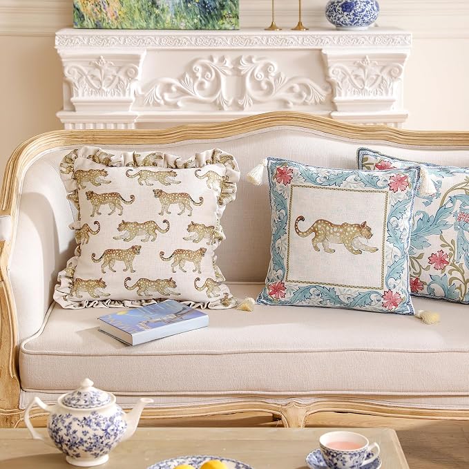 patdrea Designer Vintage Linen Throw Pillow Cover,18"x18"-Fromm C | Elegant Decorative Pillow Case with Zipper,Ruffle Leopard Pattern,Pillow Cover for Couch Living Room Bedroom Sofa