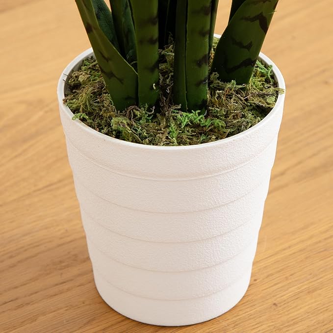 Nearly Natural 2-ft Artificial Snake Plant for Outdoors, Indoor/Outdoor UV Resistant Sansevieria, 24-in Faux Snake Plant for Outdoor Porch and Deck Decor in White Decorative Planter