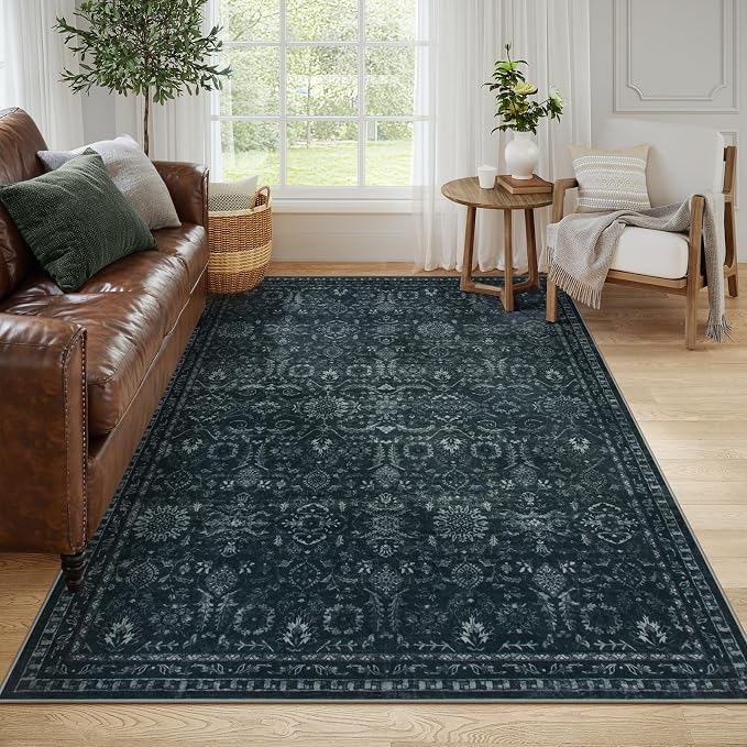 Lahome Dark Academia Moody Rug, 5x7 Dark Black Soft Living Room Bedroom Rug | Vintage Non Slip Non Shedding Low Pile Carpets for Dining Room Hardwood Floor Room Decor